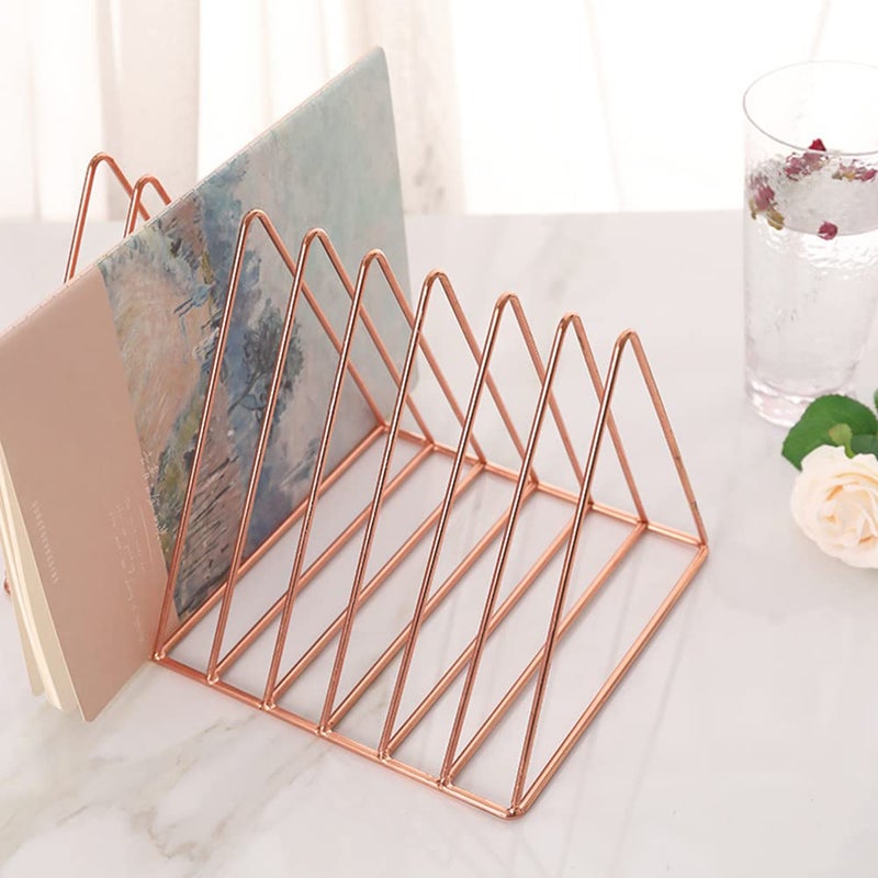 Sooyee 9 Slot Rose Gold Magazine Holder,Desktop File Sorter Organizer Triangle Bookshelf Decor Home Office - Image 2